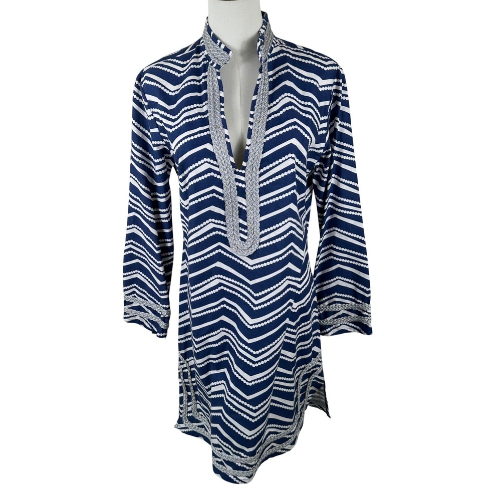 Sail to Sable Mini Dress Tunic Women 2 Blue Preppy Chevron Silver Trim STS Shift